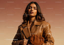 Stylish Woman in Brown Leather Jacket with Wavy Hair