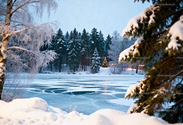 Winter landscape with frozen lake and decorated Christmas tree