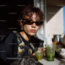 Stylish Young Woman Wearing Sunglasses Enjoying Green Smoothies Outdoors