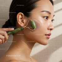 Beautiful Asian Woman Using Jade Roller for Facial Massage