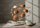 Fresh cinnamon rolls and coffee with floating spices
