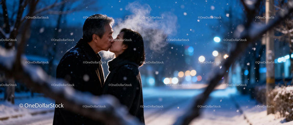 Couple sharing a tender kiss on snowy winter night