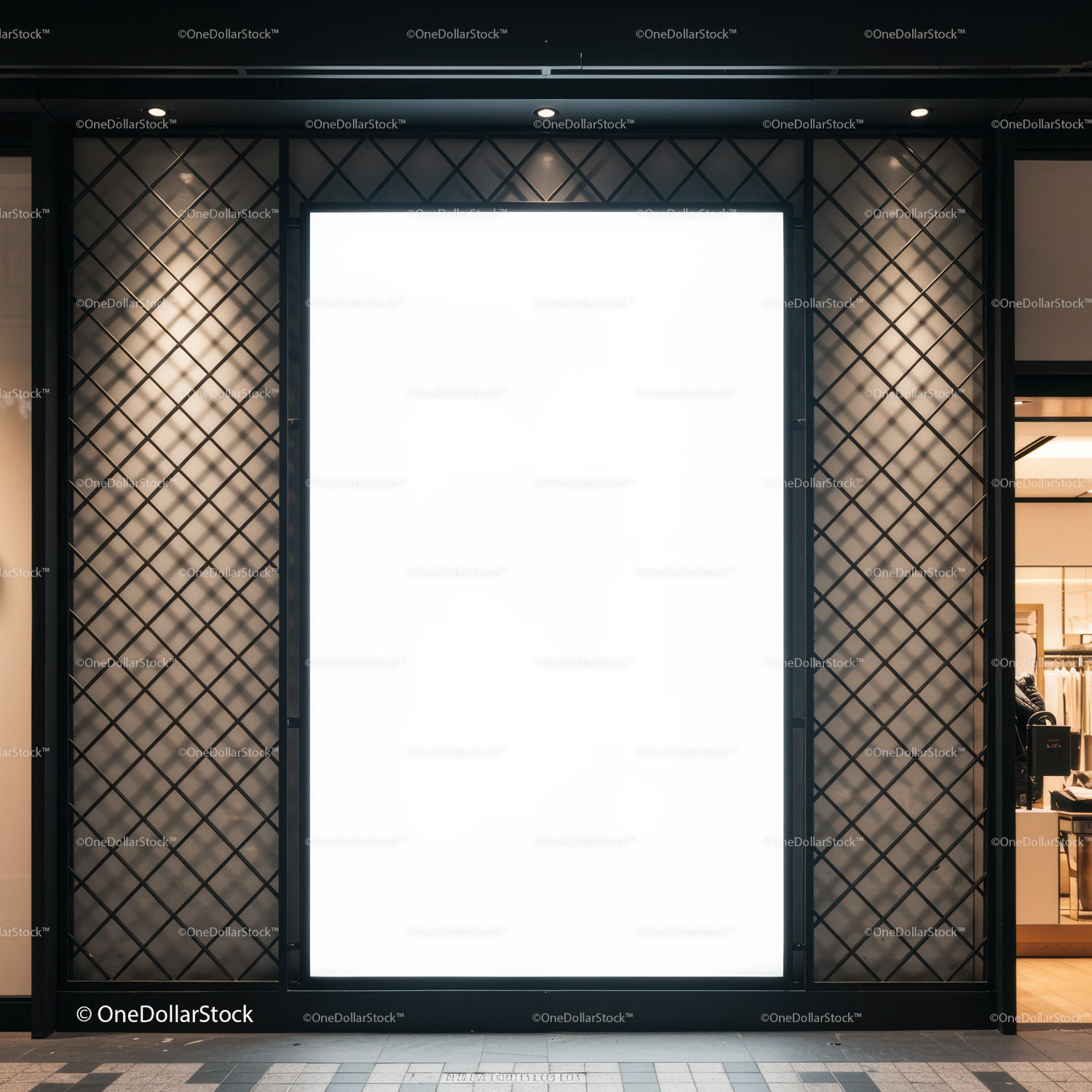 Empty illuminated storefront display in modern shopping mall