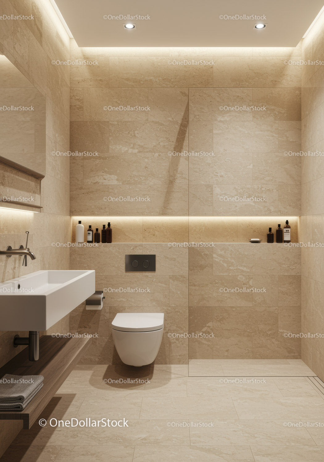 Modern Beige Tile Bathroom with Sleek Toilet and Floating Vanity