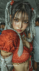 Young Woman in Vibrant Traditional Costume with Braided Hair