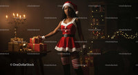 Woman in Santa Dress with Christmas Gifts and Candlelight
