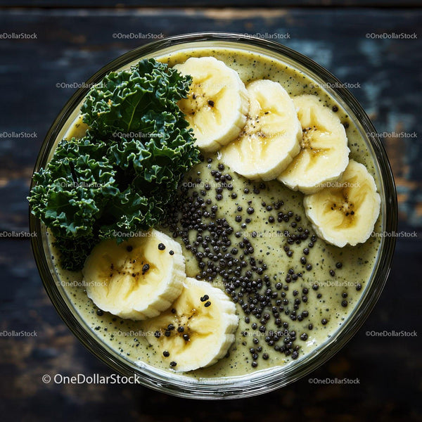Zdrowa miska smoothie z bananem, jarmużem i nasionami chia