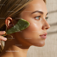 Close-up of a woman using jade roller on her face for skincare