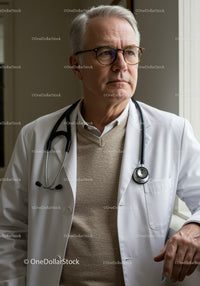 Senior Male Doctor with Stethoscope Looking Thoughtfully Near Window