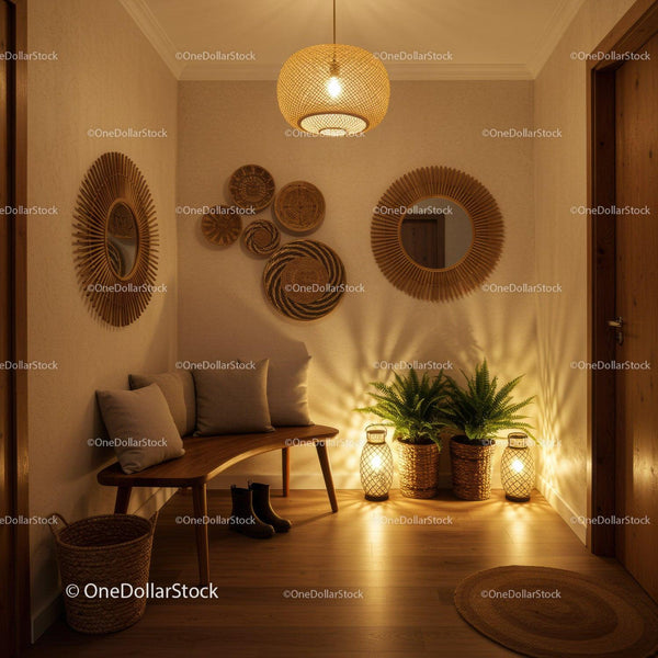 Cozy entryway with natural decor and warm lighting