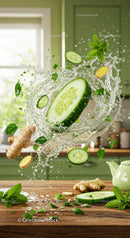 Fresh cucumber and ginger splashing with mint leaves