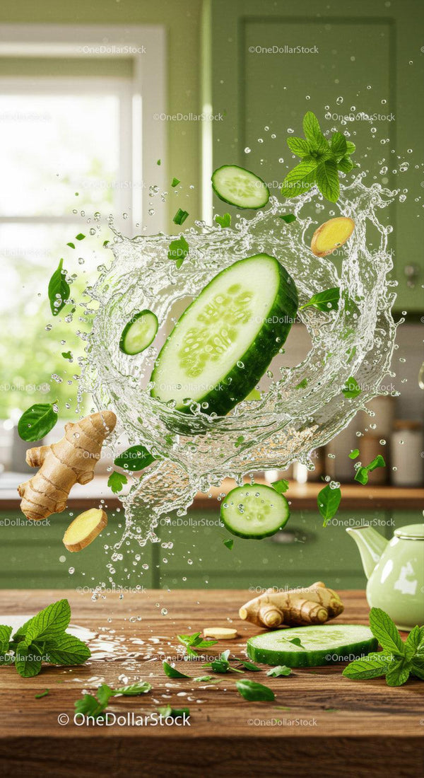 Fresh cucumber and ginger splashing with mint leaves