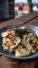 Delicious Fried Potstickers with Soy-Glazed Onion Garnish in a Rustic Bowl