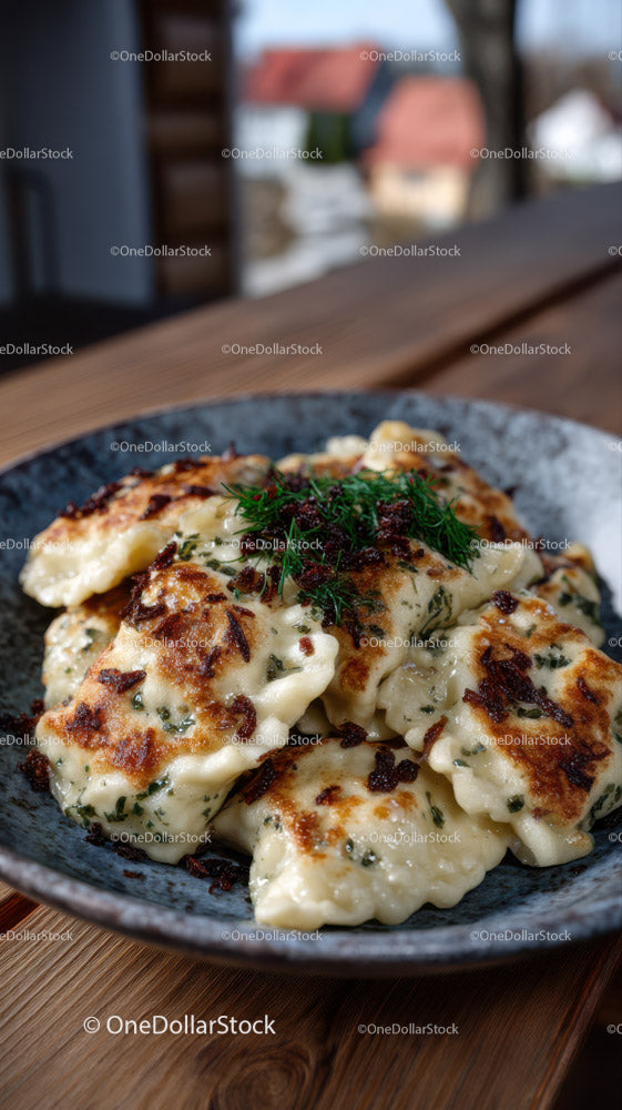 Delicious Fried Potstickers with Soy-Glazed Onion Garnish in a Rustic Bowl