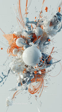 Dynamic Abstract Explosion with Swirling Shapes in Orange Blue White