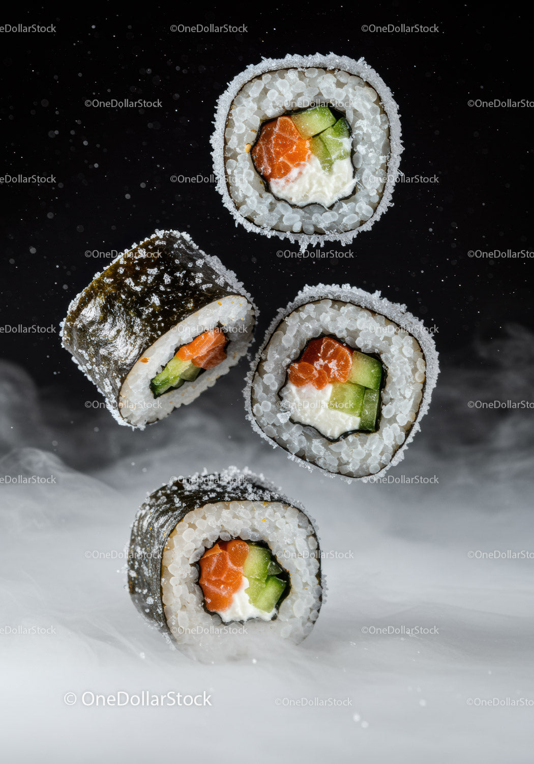 Fresh sushi rolls with salmon and cucumber on black