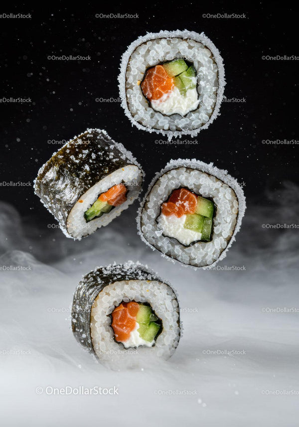 Świeże rolki sushi z łososiem i ogórkiem na czarnym tle