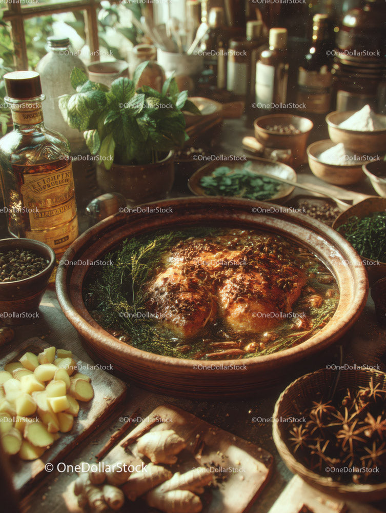 Traditional Rustic Kitchen with Fresh Herbs and Cooking Ingredients
