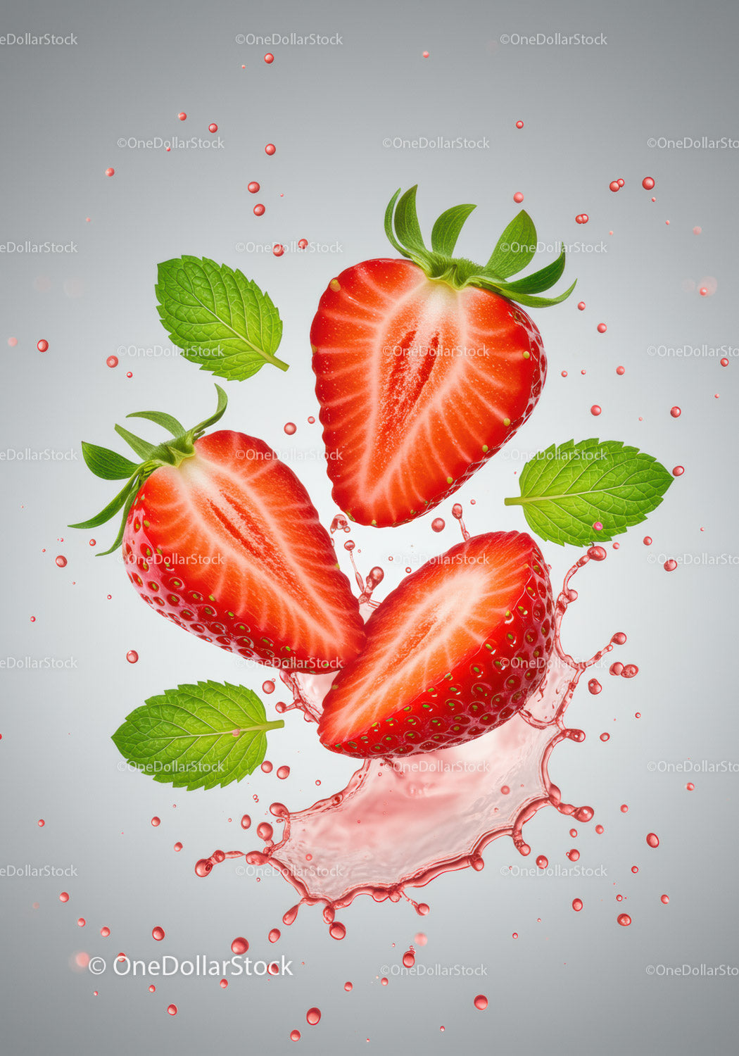 Fresh sliced strawberries with mint leaves splash