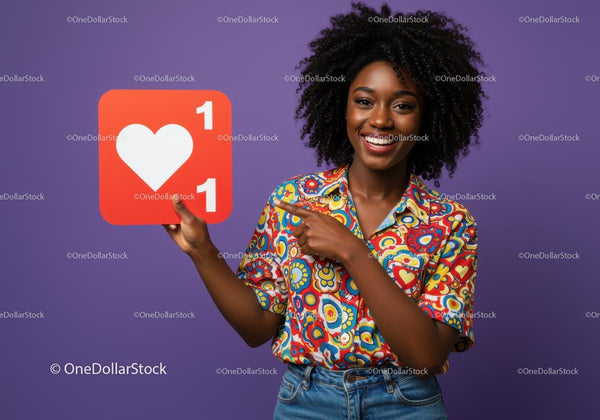 Vibrant Woman Holding Social Media Notification Icon Bright Contemporary Portrait