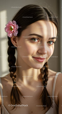 Portrait of a Young Woman with Braided Hair and Pink Flower Accessory