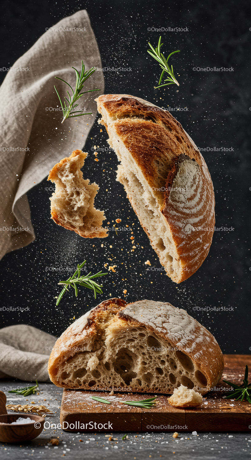 Freshly baked rustic bread torn with rosemary sprigs