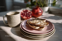 Fresh Bread with Cheese Pomegranate and Mug in Natural Morning Light