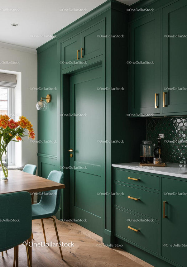 Green Kitchen Cabinets with Brass Hardware in Modern Interior