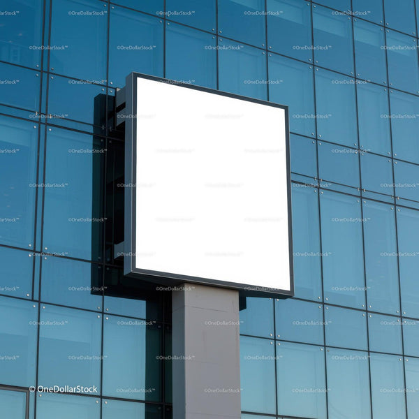 Blank square billboard on modern glass office building JPG Mockup Image
