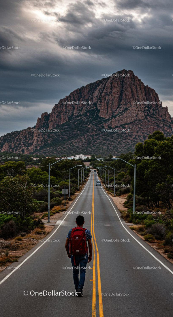 Majestic Rocky Mountain and Winding Road with Hiker on Adventure Trail