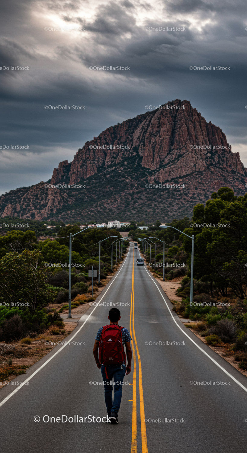 Majestic Rocky Mountain and Winding Road with Hiker on Adventure Trail