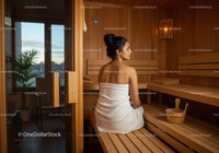 Relaxing Woman Sitting in Sauna Spa Room with Wooden Interior