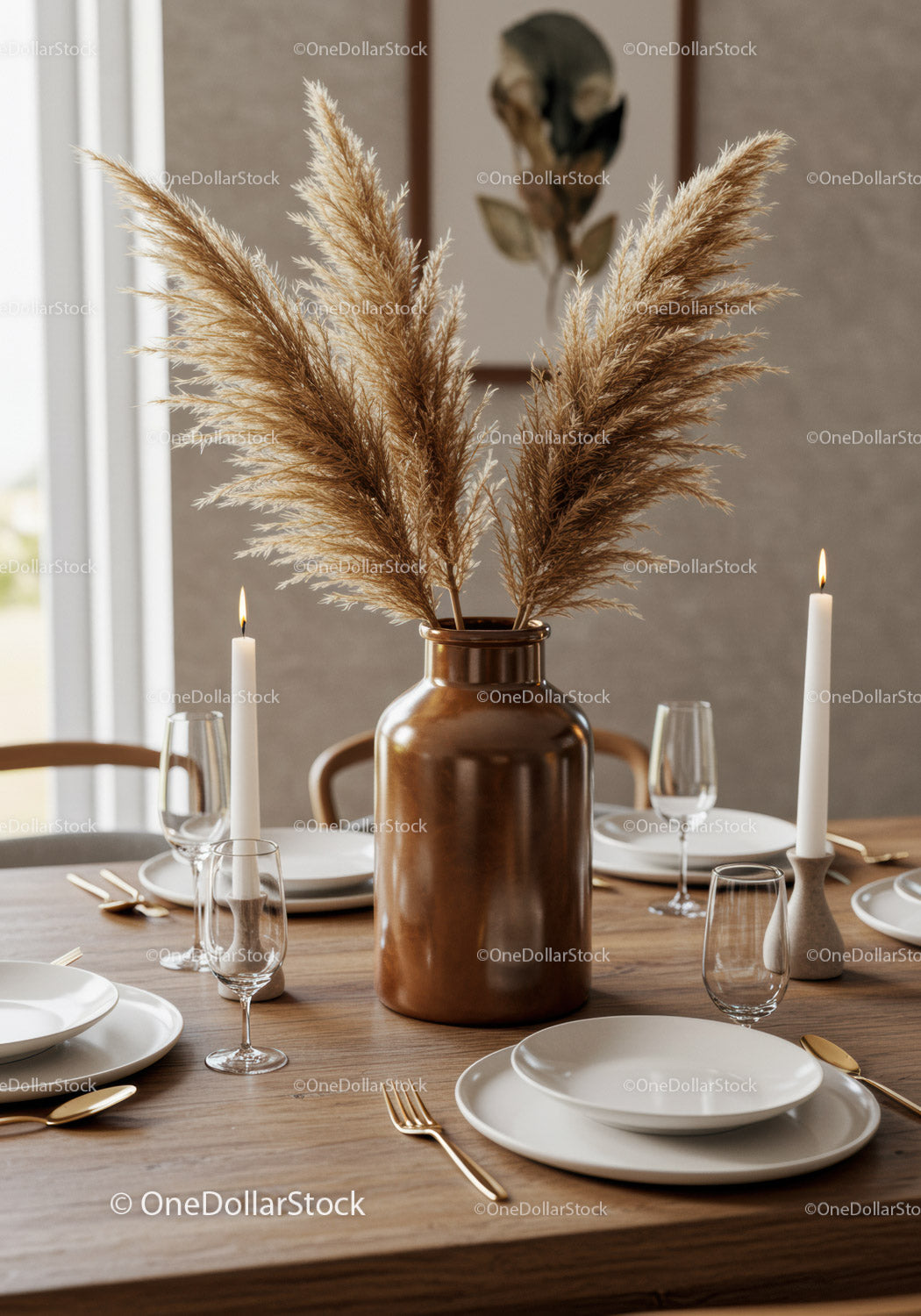Elegant Modern Dining Table Set with Pampas Grass and Candles