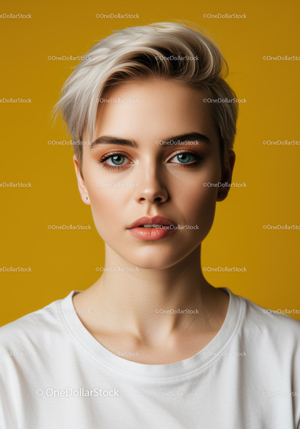 Portrait of a Young Blonde Woman with Blue Eyes Against Yellow Background
