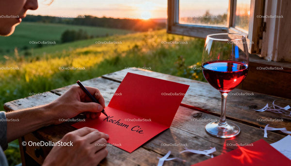 Writing a Romantic Love Note by Sunset with Wine Glass