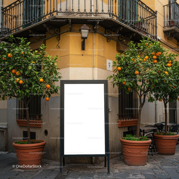 Blank advertising board between orange trees on street corner JPG Mockup Image