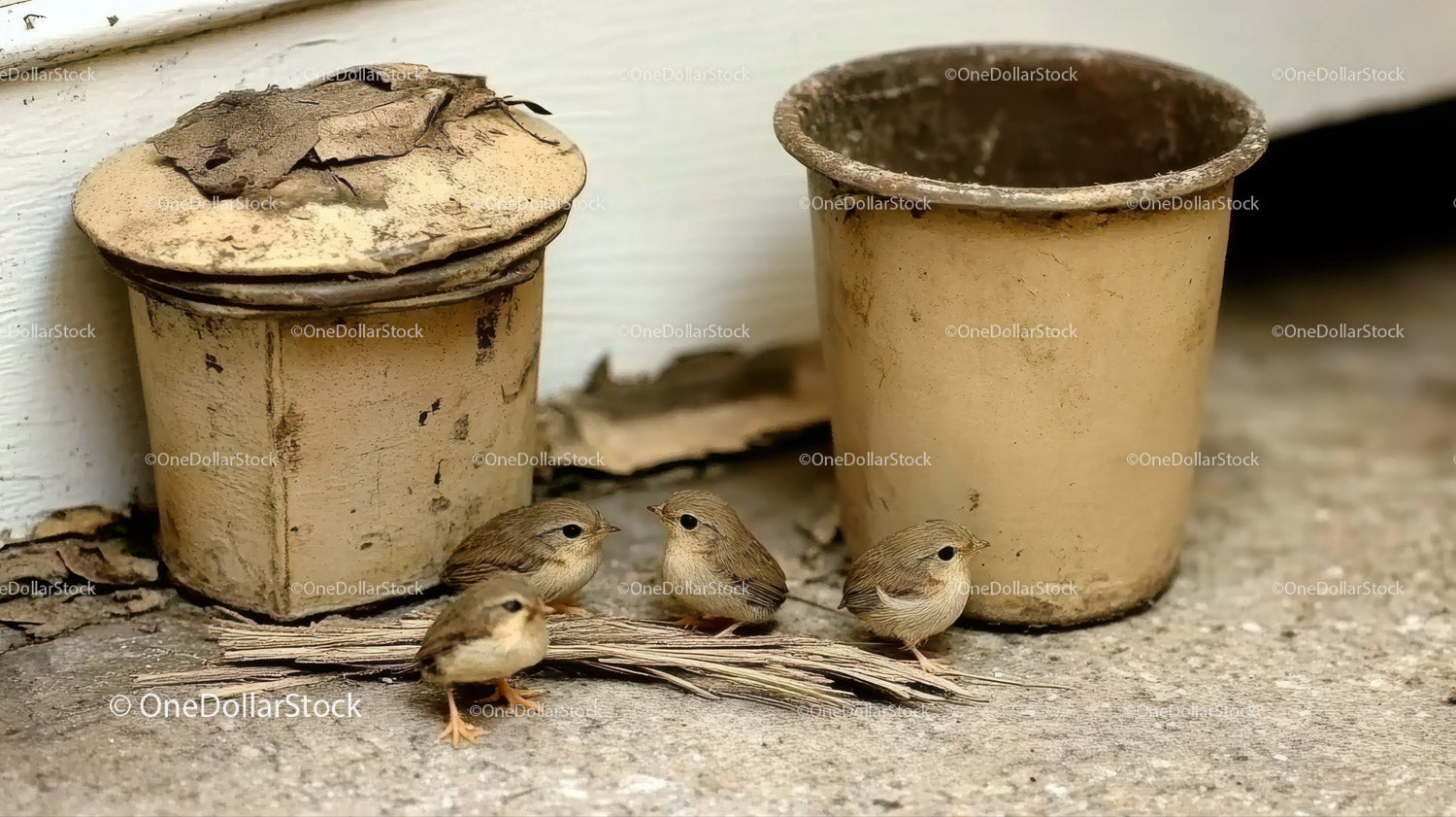 Rustic Garden Scene With Small Birds and Weathered Flower Pots
