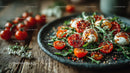 Cherry Tomato and Mozzarella Salad with Balsamic Glaze on Rustic Wooden Table