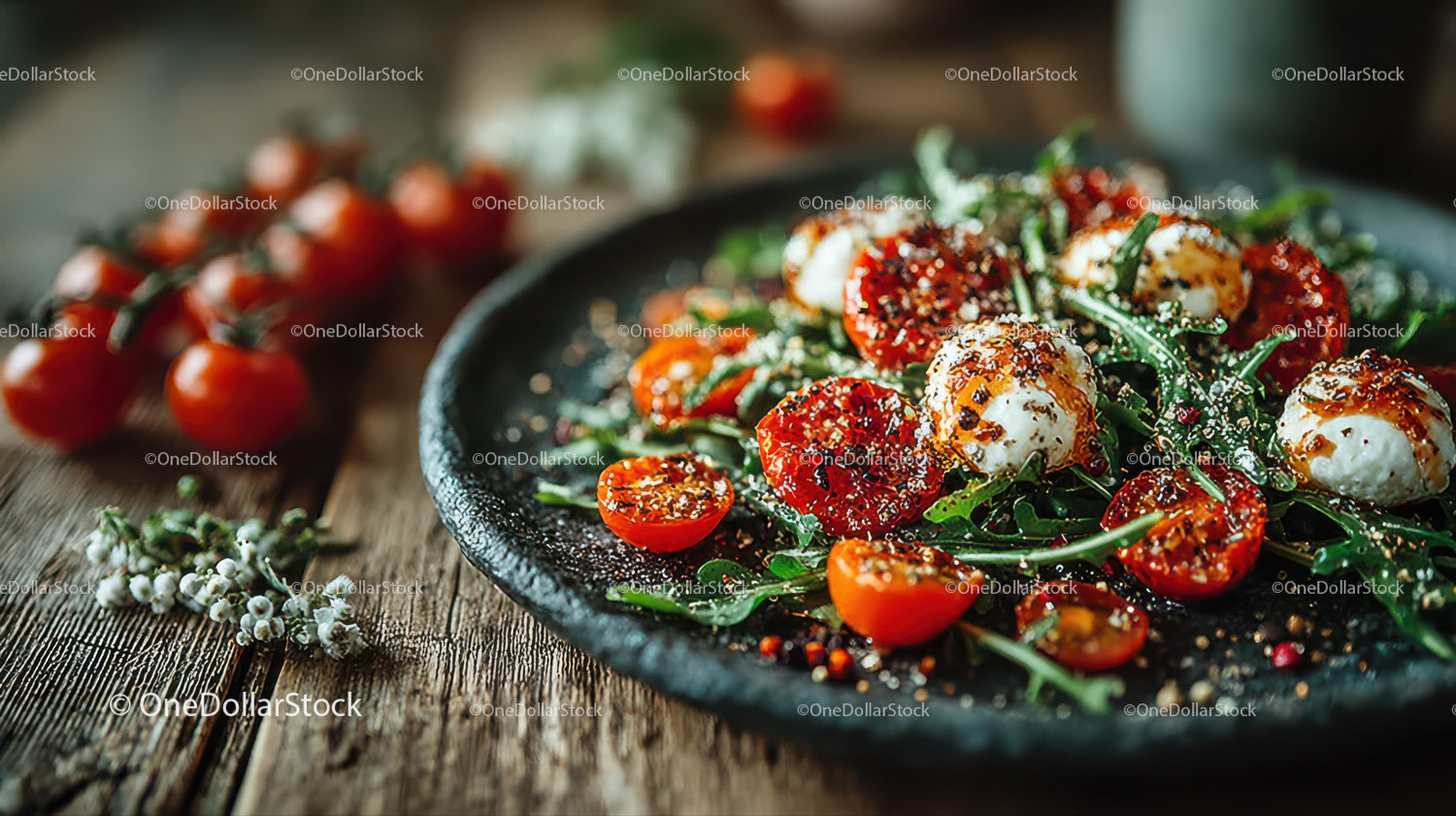 Cherry Tomato and Mozzarella Salad with Balsamic Glaze on Rustic Wooden Table
