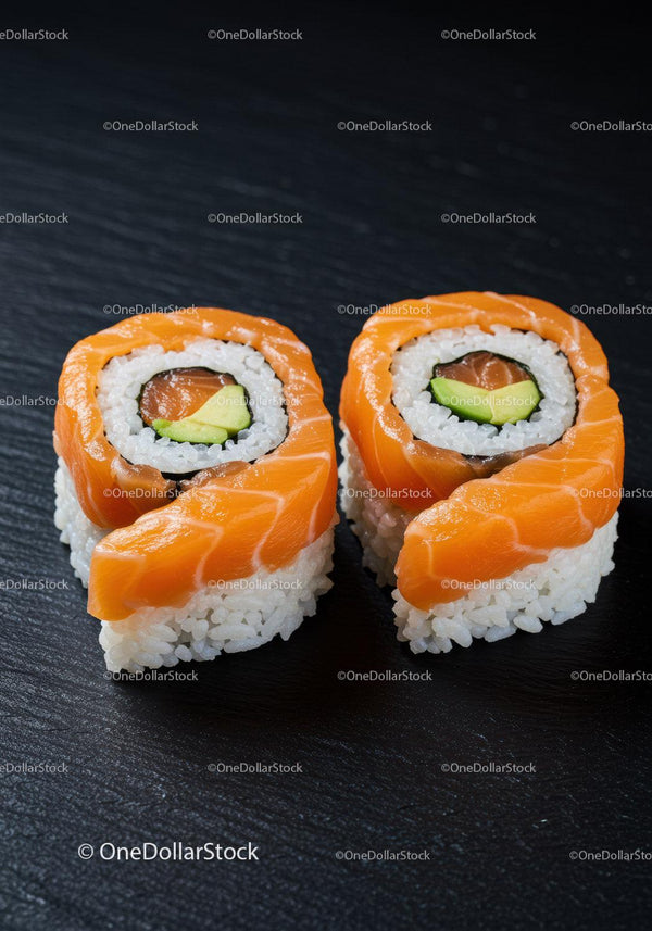 Fresh salmon sushi rolls with avocado on black slate