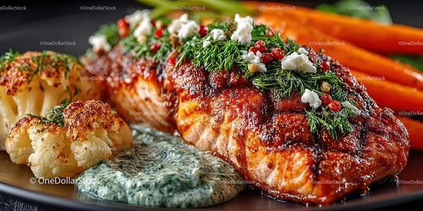 Fresh Baked Salmon Fillet Garnished with Herbs and Vegetables