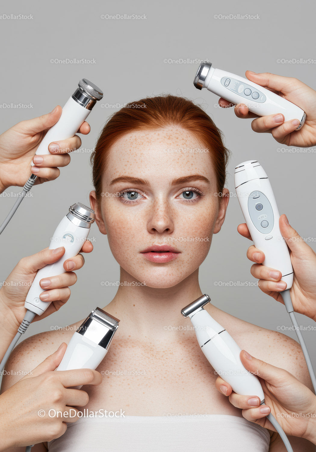Woman Using Multiple Skin Care Devices for Facial Treatment