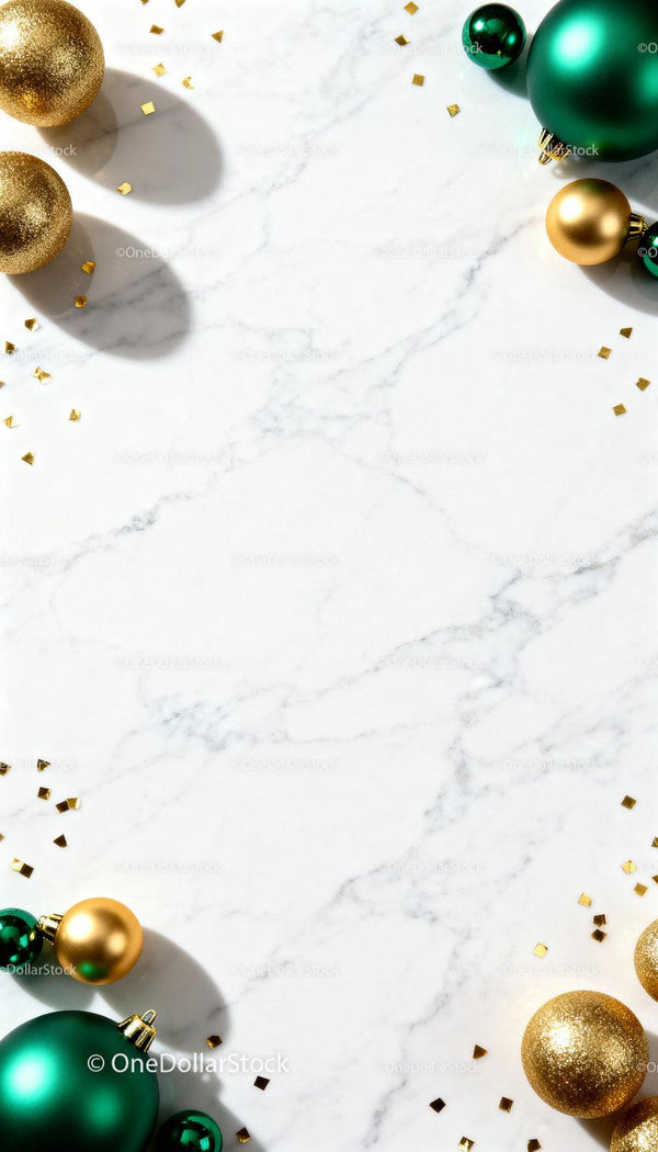 Festive Christmas Ornaments on White Marble Surface