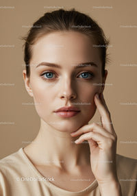 Elegant Woman with Clear Skin and Blue Eyes in Studio Portrait