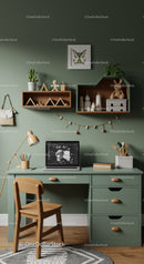 Modern Green Home Office with Wooden Desk and Unique Decor Elements