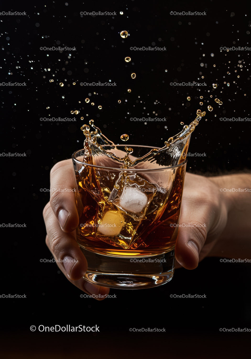 Dłoń trzymająca szklankę whisky z rozpryskującymi się kostkami lodu