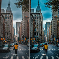 Before and after Cinematic Colorful Streets LUT Pack effect