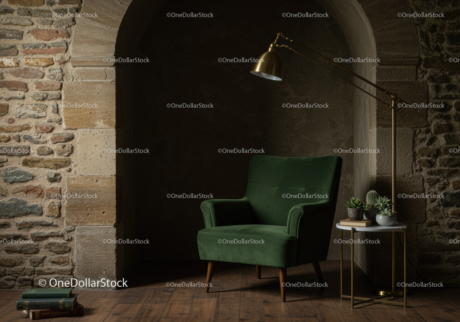 Cozy green armchair with plants and lamp in rustic room