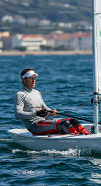 Man Sailing a Small Yacht in Blue Ocean Water