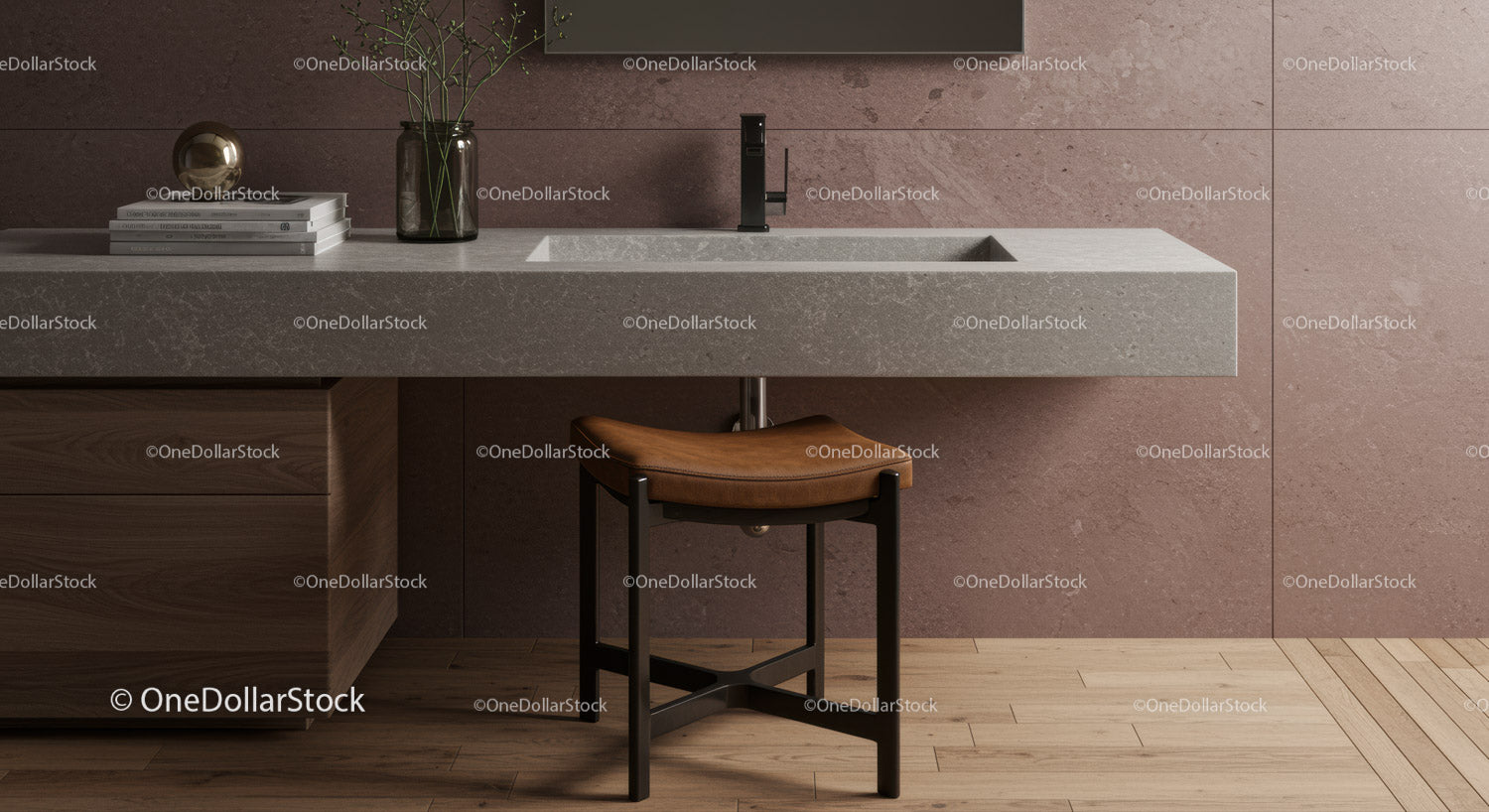 Modern Kitchen with Concrete Countertop and Stylish Brown Stool